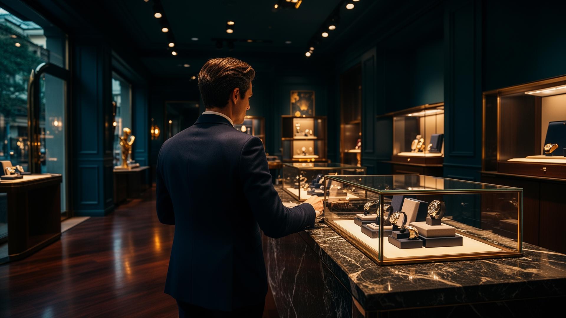 Boutique di lusso con store manager che controlla l'esposizione